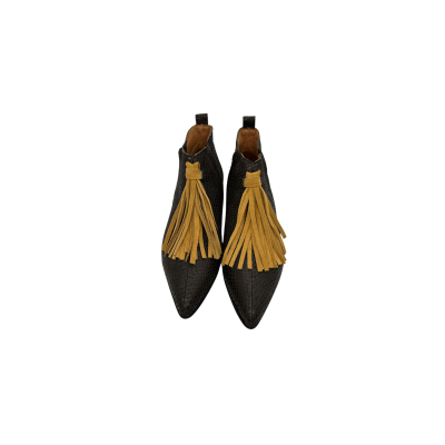 Bota em pele print piton castanho escuro com berloque crute gold