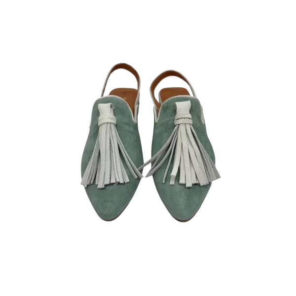 mules_pele_anny_menta_1 Mule em pele crute cor menta, com berloque em pele crute branco, com tira de calcanhar em pele crute branco, forro e palmilha de conforto em pele, sola em neolite cor mel