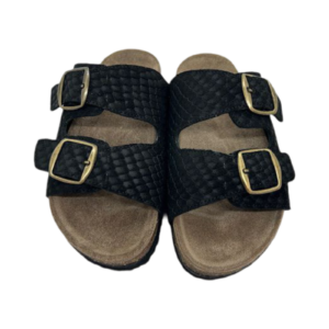 Sandália em pele crute croco preto, com forro e palmilha anatómica de conforto em pele, sola antiderrapante