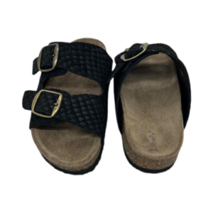 Sandália em pele crute croco preto, com forro e palmilha anatómica de conforto em pele, sola antiderrapante