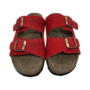 Sandália em pele crute croco vermelho, com forro e palmilha anatómica de conforto em pele, sola antiderrapante