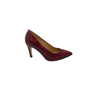 Sapato em pele verniz print pipoca vermelho com nuances, com forro e palmilha de conforto em pele de cabra bege, sola antiderrapante, salto forrado a pele de 8cm