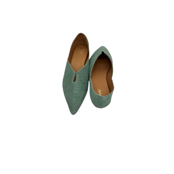 Sapato slipper em pele espiga misty jade com glitter, forro e palmilha de conforto em pele, cunha embutida no interior com 3cm, sola passada e capa antiderrapante