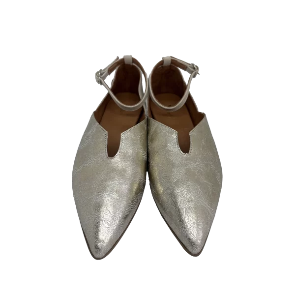 Sapato em pele com nuances silver, traseiro e fivela com pele cloud dancer, forro e palminha de superconforto forrada a pele, cunha embutida de 3 cm